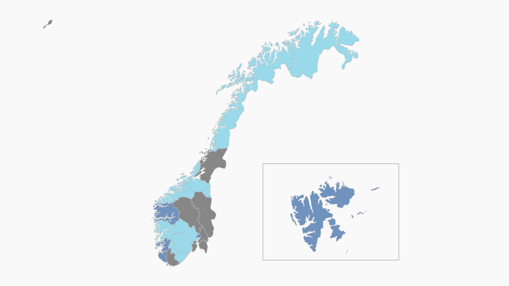 map of Norway with visited regions highlighted