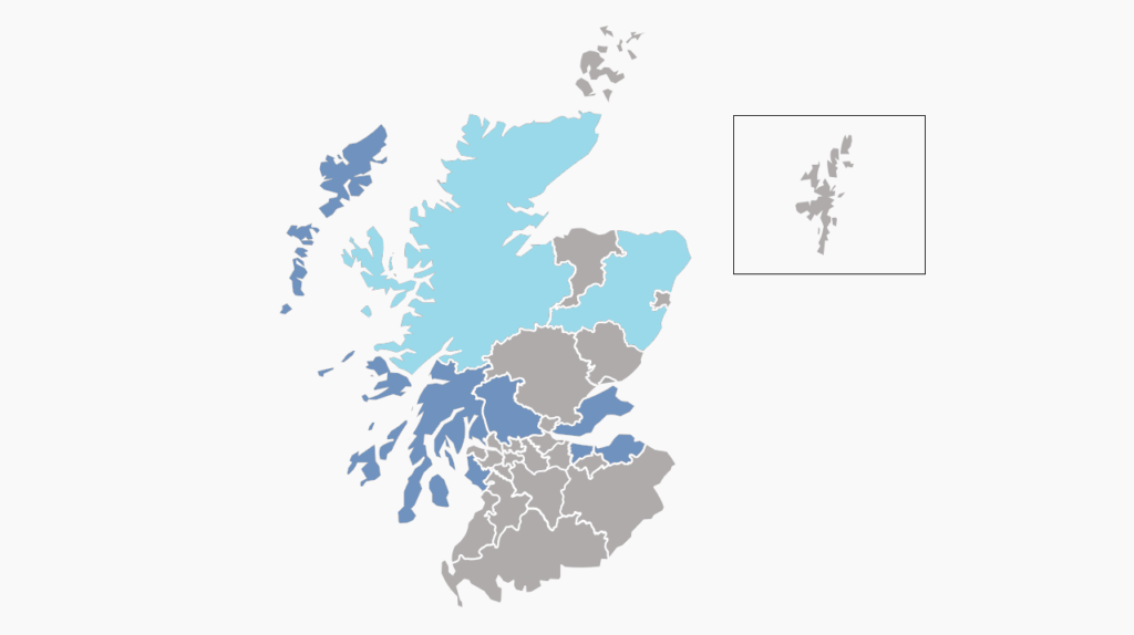 map of Scotland with visited regions highlighted