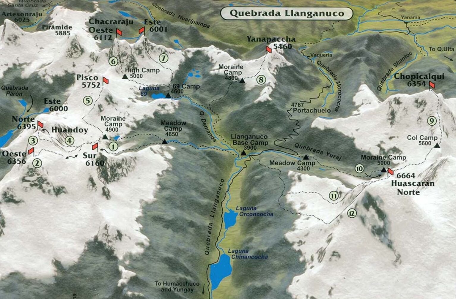 The peaks of Quebrada Llanganuco. Note that Yanapaccha's Moraine Camp and route to camp are incorrectly placed Llanganuco Valley climbing map