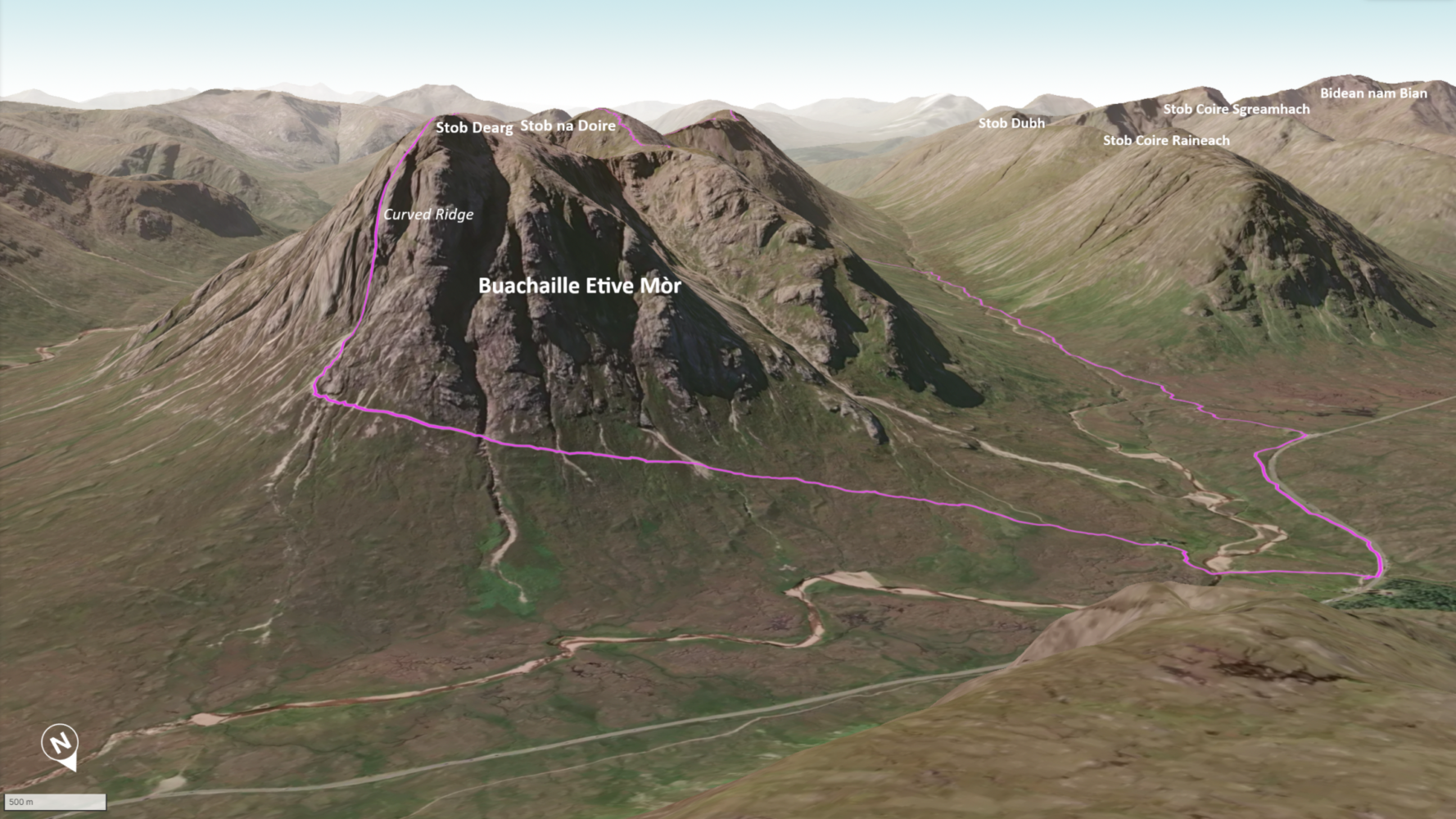 The route, as seen from Beinn a'Chrulaiste Curved Ridge 3D map