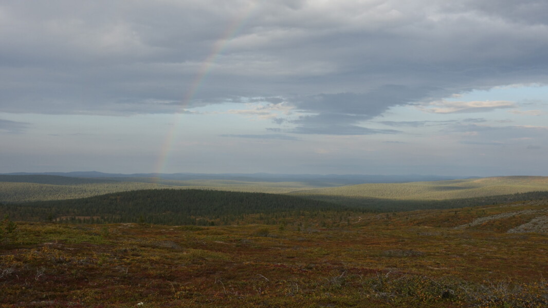 Panoramic views from Iisakkipaa, outside of Inari, with a rainbow