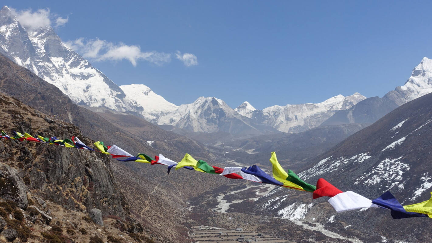 My first view of Island Peak! Island Peak with prayer flags