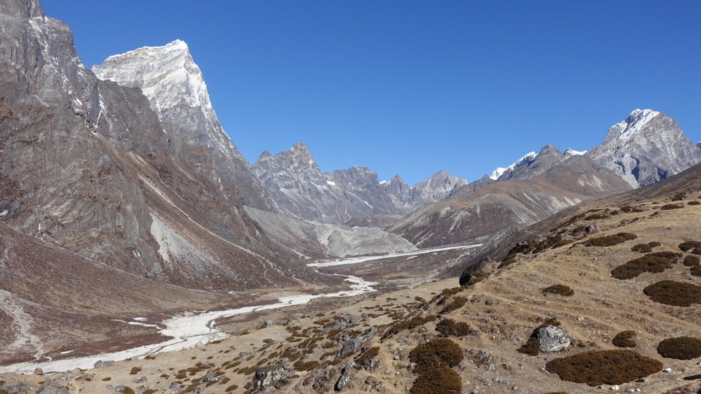 Looking up the valley toward Lobuche East (right), one of Khumbu's classic 6000m climbs, and Cholatse (left). The glacier in the centre is Cho La Cho La, Cholatse, and Lobuche East