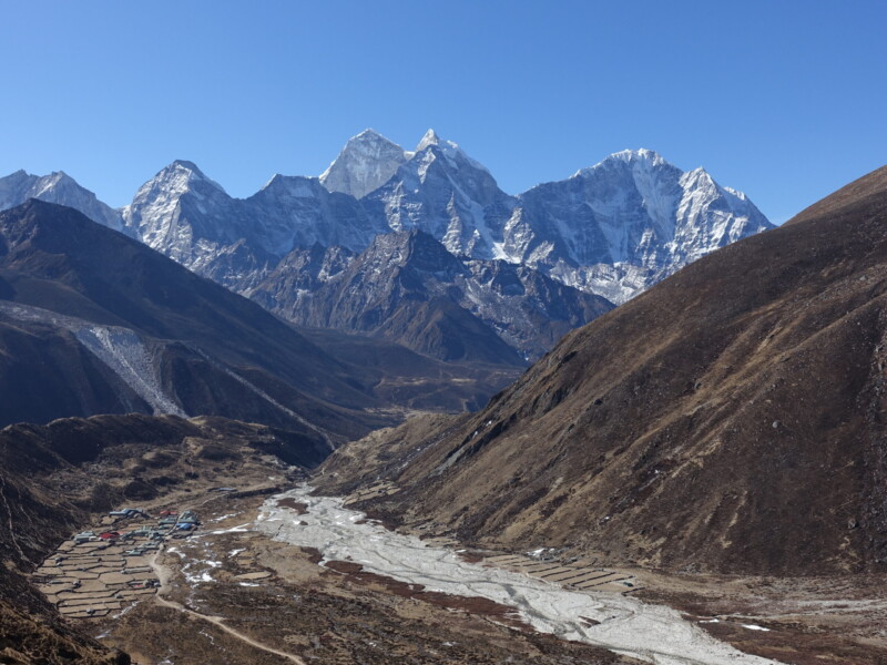 The classic view of Pheriche with Thamserku and Kangtega Pheriche below Thamserku and Kangtega