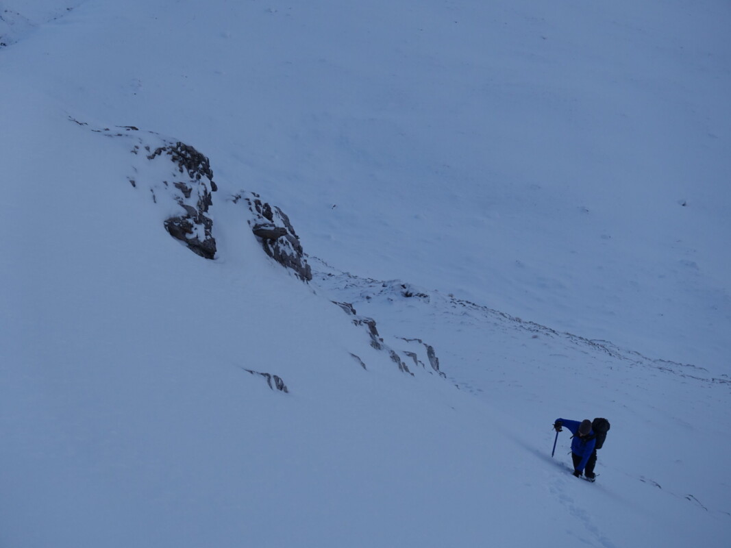 Still not the right snow conditions... Climber on Beinn Eighe