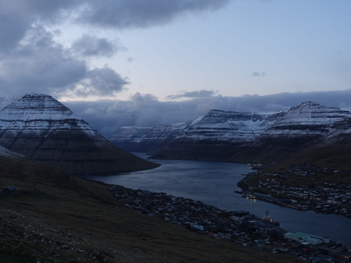 Evening above Klaksvik. Lighting would have been better in the morning Klaksvik