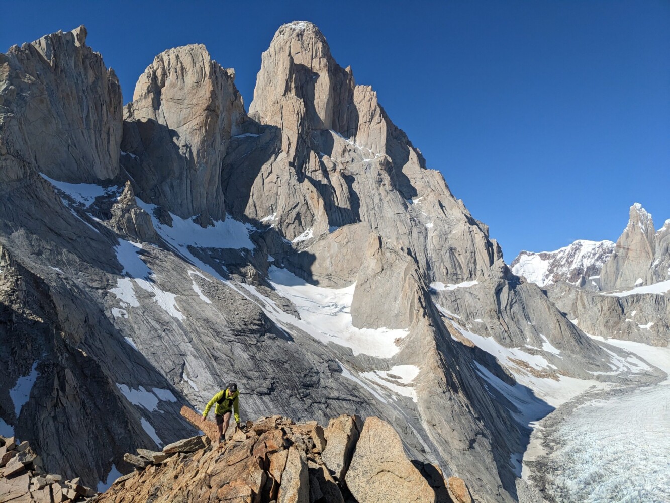 Fun ridge action! Running along a knife-edge ridge below the west face of Fitz Roy