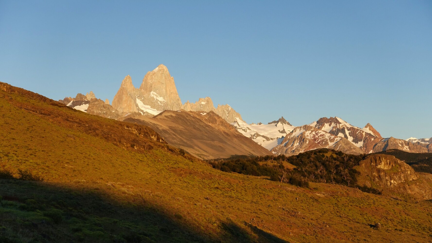 Dawn light on Fitz Roy at the start of the Huemul Circuit