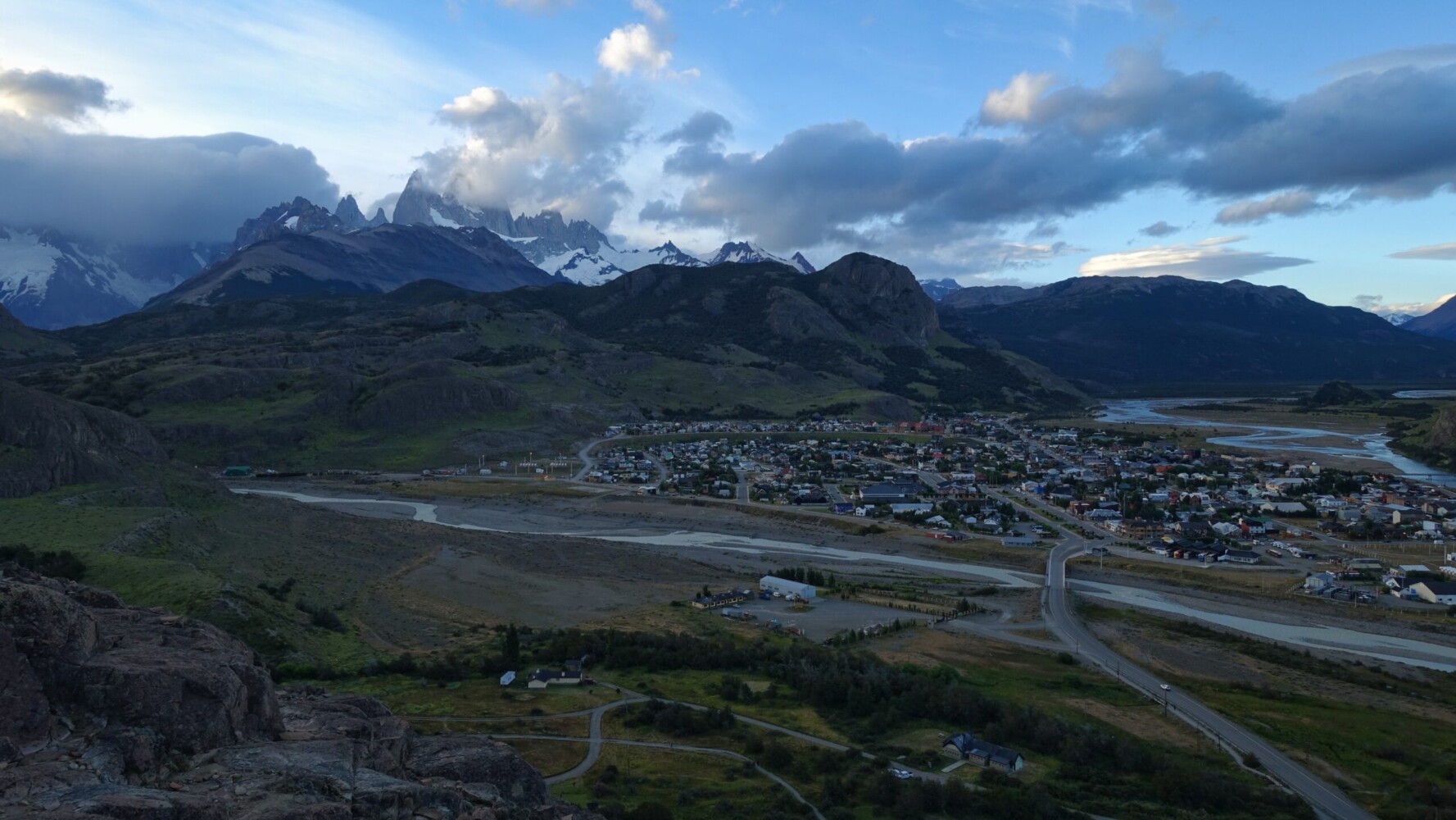 El Chalten and Fitz Roy from Mirador de los Condores at sunset