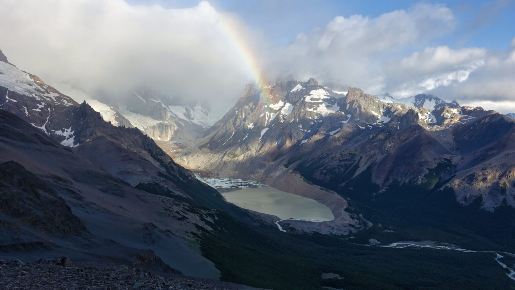 A strong rainbow in front of Fitz Roy and Cerro Torre