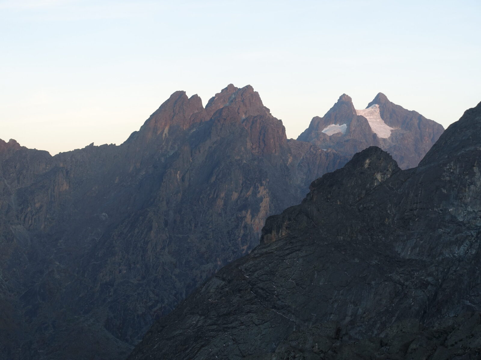 Sunrise over Mount Stanley's many spires. Mount Stanley