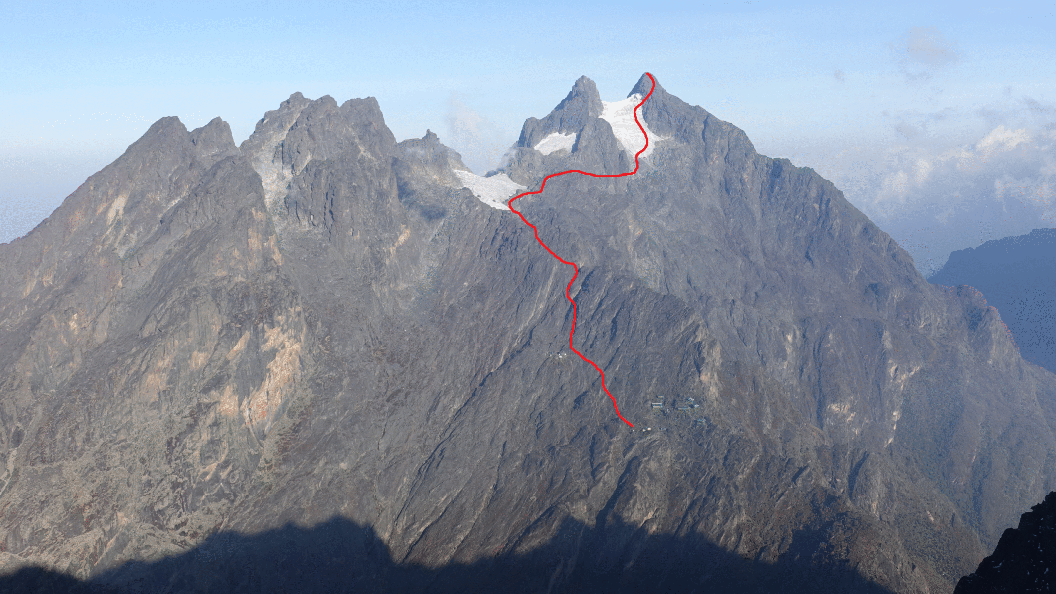 My attempt at drawing the route, as seen from Mount Baker. The old route spent considerably more time on the lower glacier. Mount Stanley climbing route