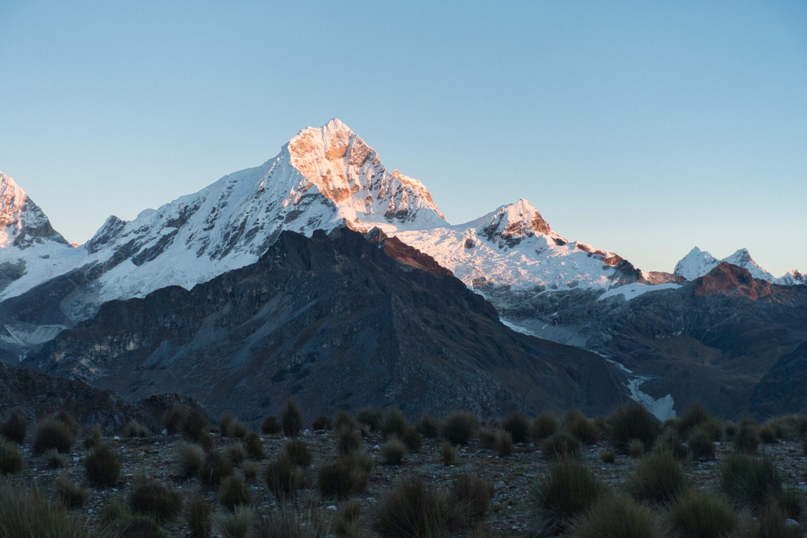 Alpenglow on Chacraraju as we begin Chacraraju