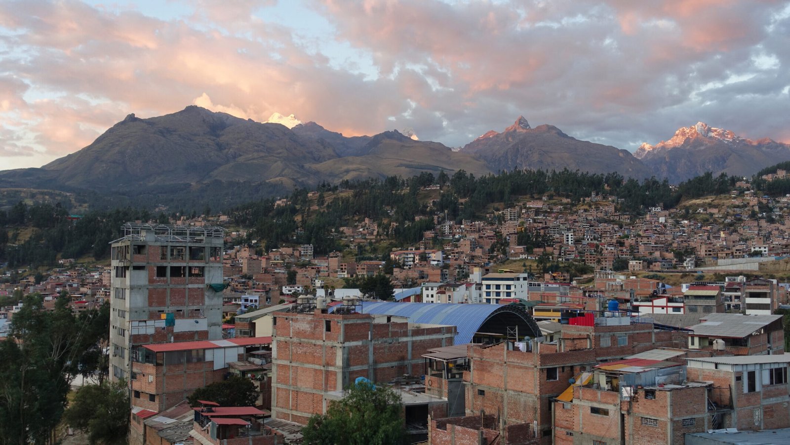 Huaraz with Rima-Rima, Nevado Churup, and Vallunareju Norte in the background. As seen from AirBnB. Huaraz city